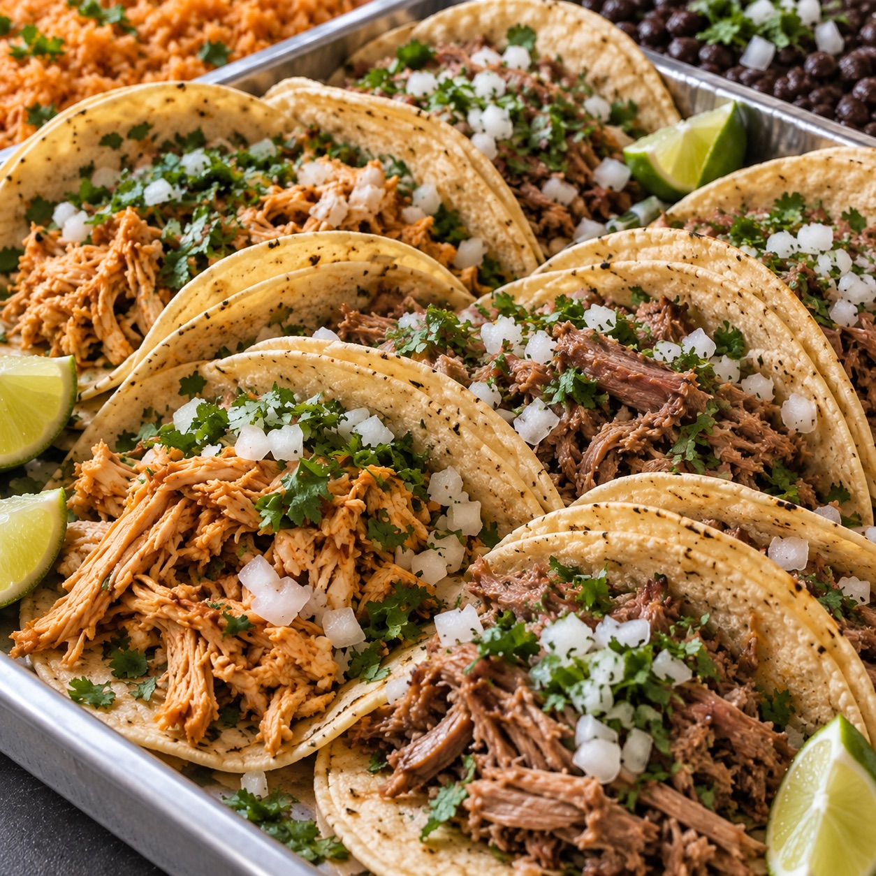 Tray of street tacos with shredded chicken, carnitas, cilantro and lime