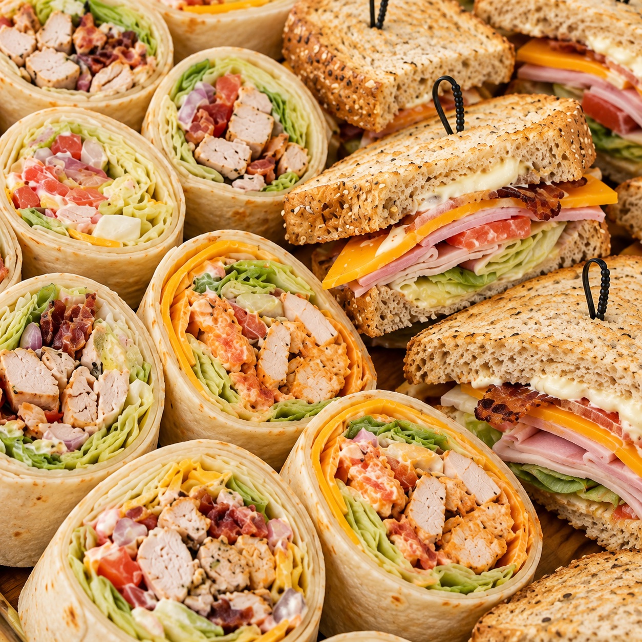 Platter of wraps and stacked deli sandwiches